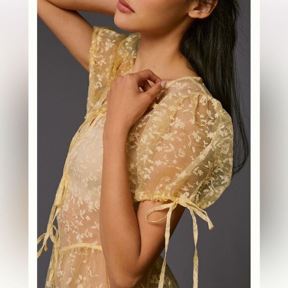 NWT By Anthropologie Sheer Short-Sleeve Organza Maxi Dress Canary Medium - Picture 3 of 14